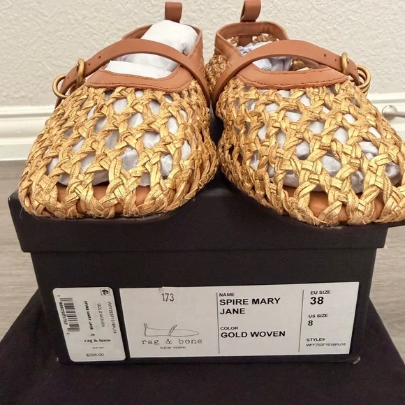 rag & bone Gold Woven Spire Mary Jane Flats with Tan Trim Size 8 US (EU38) - Picture 3 of 6